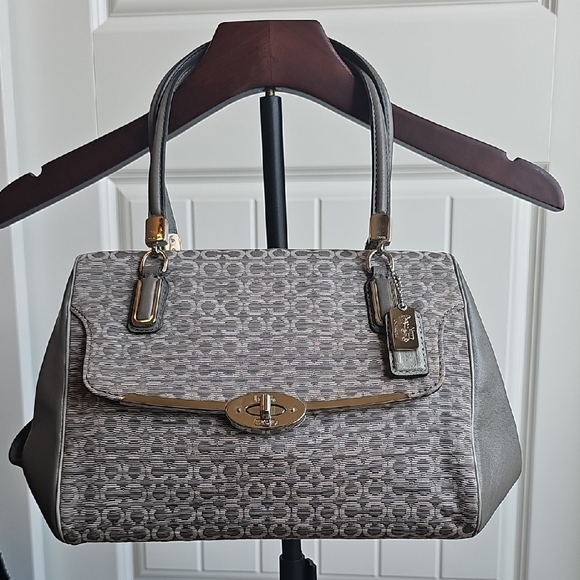 COACH NWOT 2013 Gray Signature Logo Jacquard & Leather MADELINE Crossbody Bag - Picture 1 of 14